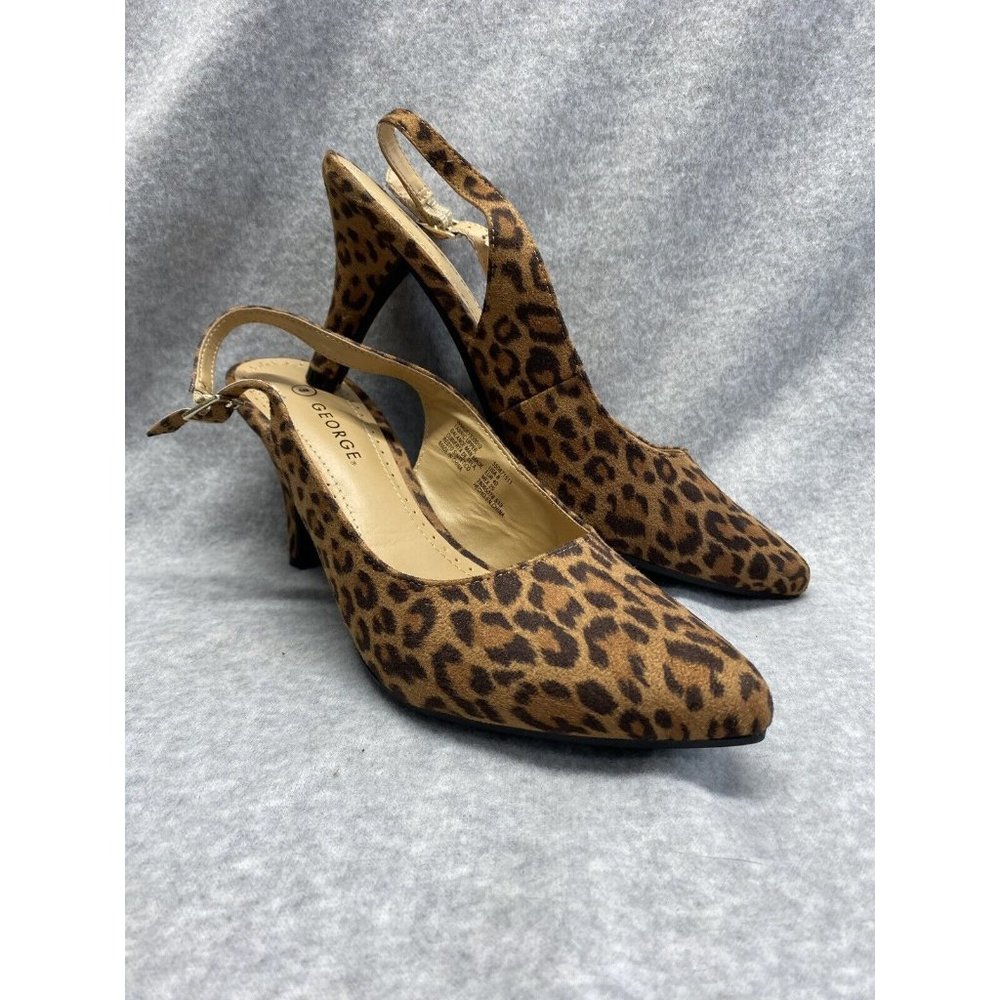George Women’s Pump Heel Sling Back Faux Suede Leopard Print Point Toe Size 8
